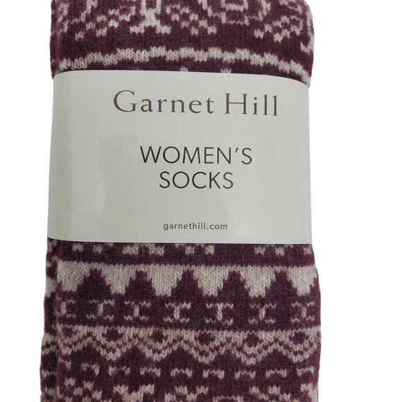 Garnet Hill Fair Isle Socks 9-11 Warm Wool Cashmere Blend Soft Crew Maroon Cream - Picture 6 of 6